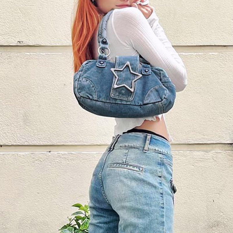 Fashion Retro Metal Five-pointed Star Decoration Denim Handbag For Women - Bellarte Enchanté Fashion Retro Metal Five-pointed Star Decoration Denim Handbag For Women